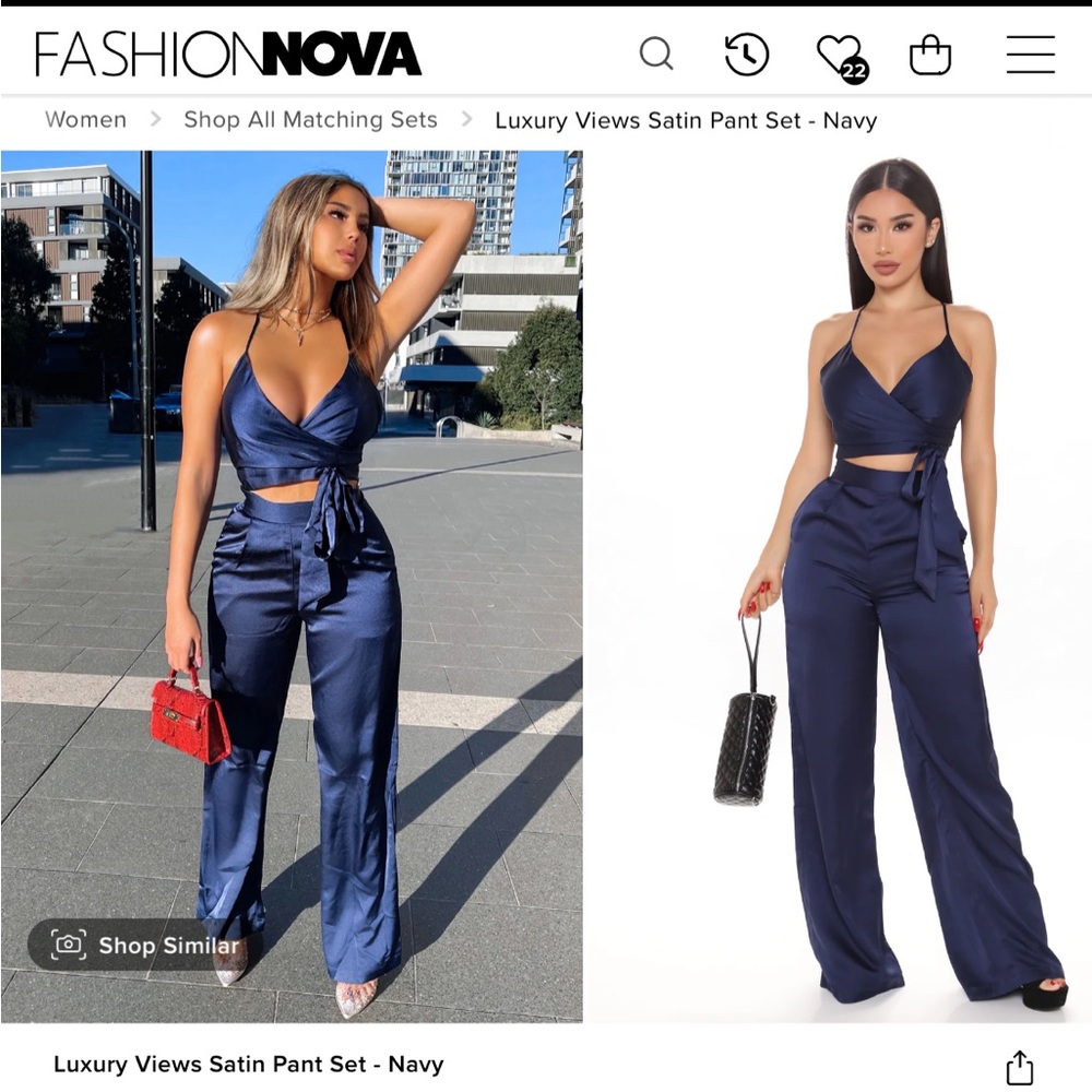 Fashion Nova Blue Satin Two Piece Luxury Views Pant Set Navy